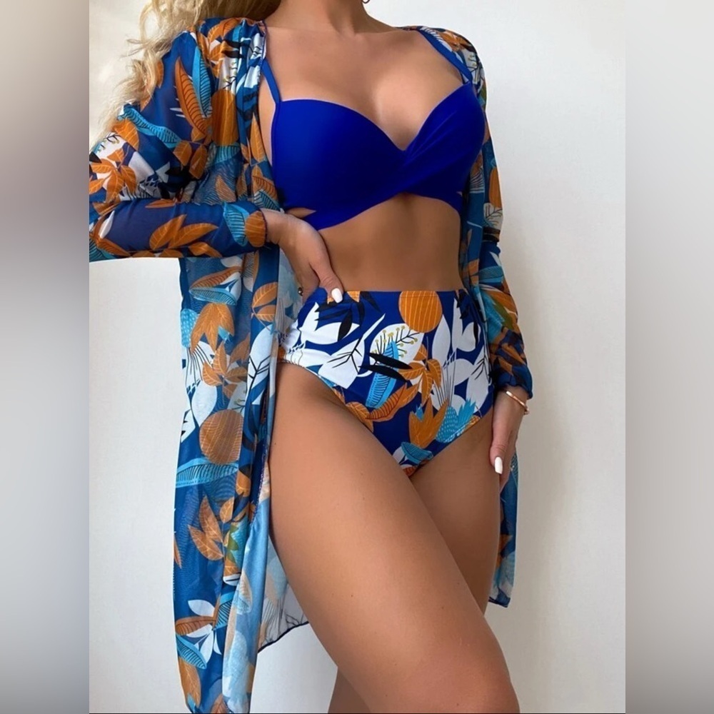 SHEIN Swim Plant Print Bikini Set Wrap Push Bra & High waisted Bottom (869)